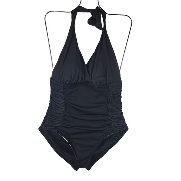 Spanx Black One Piece Bathing Suit Lightly Padded Ruched Sides 14 - Picture 1 of 4